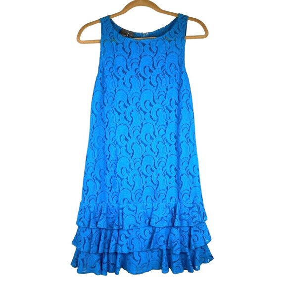 Anthropologie Muse SZ 6 Blue Preppy Sleeveless Lace Overlay Dress Ruffled Hem - Picture 1 of 11